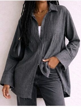 Free People Brooks Pintuck Tunic Blouse with Pockets Black Denim Medium